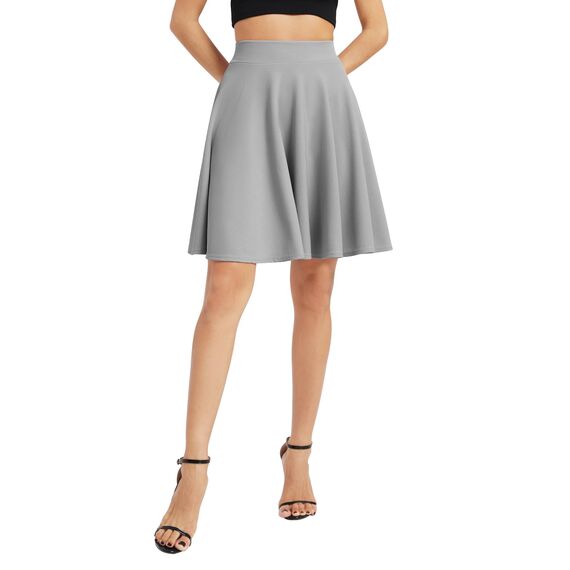 Damen Elegante Elastische Taille Ausgestellte A-Linie Midi Rock Basic Uniform Plissee Skater Röcke(L, Grau)
