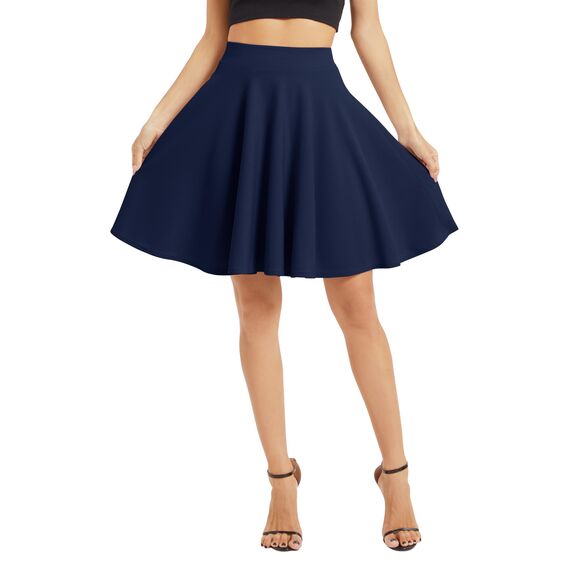 Damen Elegante Elastische Taille Ausgestellte A-Linie Midi Rock Basic Uniform Plissee Skater Röcke(L, Navy Blau)