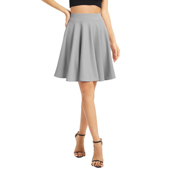 Damen Elegante Elastische Taille Ausgestellte A-Linie Midi Rock Basic Uniform Plissee Skater Röcke(L, Grau)