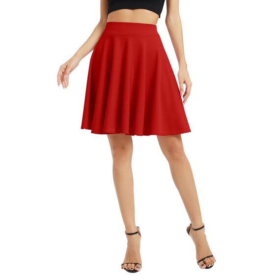 Damen Elegante Elastische Taille Ausgestellte A-Linie Midi Rock Basic Uniform Plissee Skater Röcke(XL, Rot)