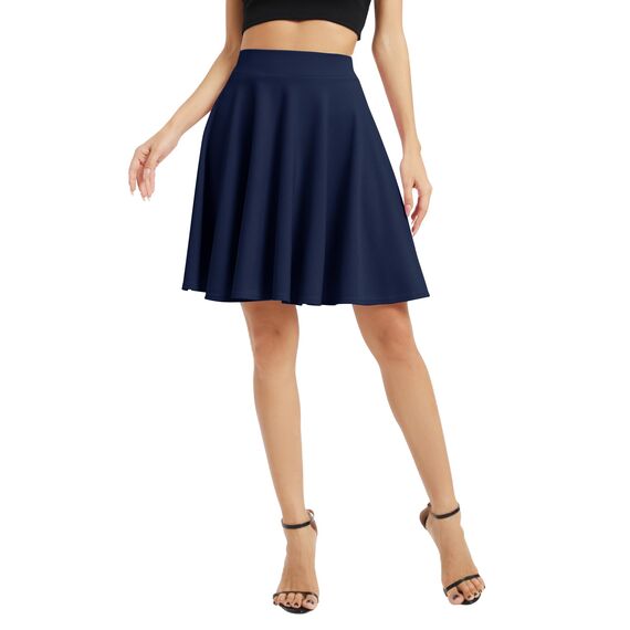 Damen Elegante Elastische Taille Ausgestellte A-Linie Midi Rock Basic Uniform Plissee Skater Röcke(L, Navy Blau)