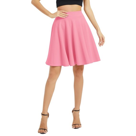 Damen Elegante Elastische Taille Ausgestellte A-Linie Midi Rock Basic Uniform Plissee Skater Röcke(XL, Rosa)