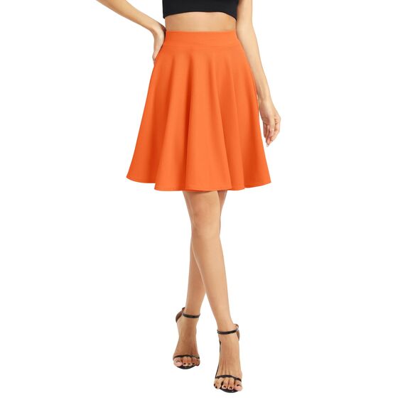 Damen Elegante Elastische Taille Ausgestellte A-Linie Midi Rock Basic Uniform Plissee Skater Röcke(XL, Orange)
