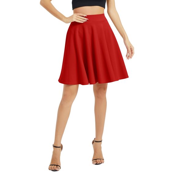 Damen Elegante Elastische Taille Ausgestellte A-Linie Midi Rock Basic Uniform Plissee Skater Röcke(L, Rot)
