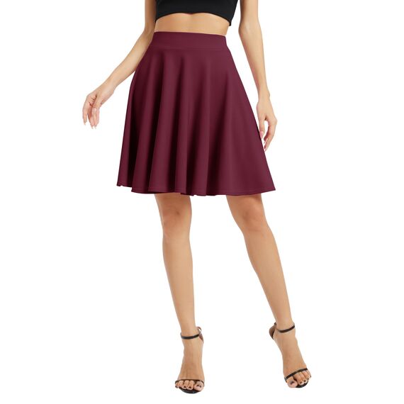 Damen Elegante Elastische Taille Ausgestellte A-Linie Midi Rock Basic Uniform Plissee Skater Röcke(XL, Weinrot)