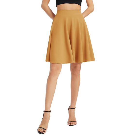 Damen Elegante Elastische Taille Ausgestellte A-Linie Midi Rock Basic Uniform Plissee Skater Röcke(S, Kurkuma)