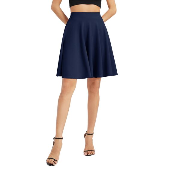 Damen Elegante Elastische Taille Ausgestellte A-Linie Midi Rock Basic Uniform Plissee Skater Röcke(M, Navy Blau)