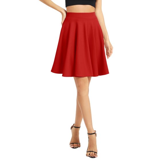 Damen Elegante Elastische Taille Ausgestellte A-Linie Midi Rock Basic Uniform Plissee Skater Röcke(XL, Rot)