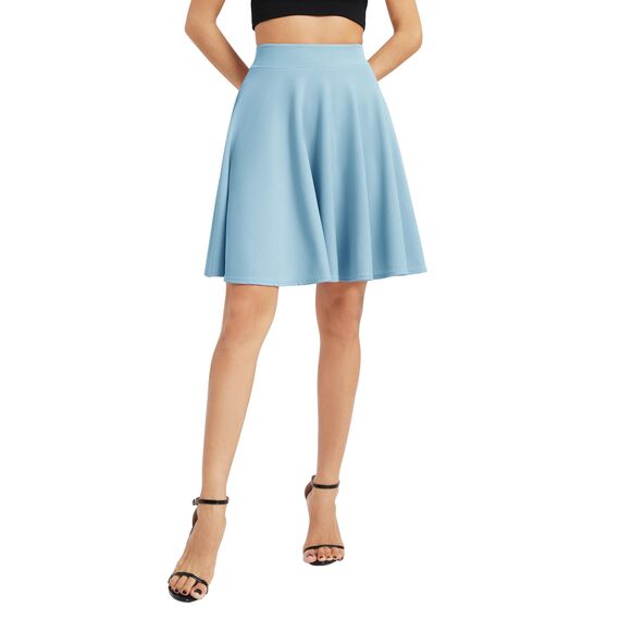 Damen Elegante Elastische Taille Ausgestellte A-Linie Midi Rock Basic Uniform Plissee Skater Röcke(XL, Hellblau)
