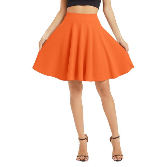 Damen Elegante Elastische Taille Ausgestellte A-Linie Midi Rock Basic Uniform Plissee Skater Röcke(S, Orange)