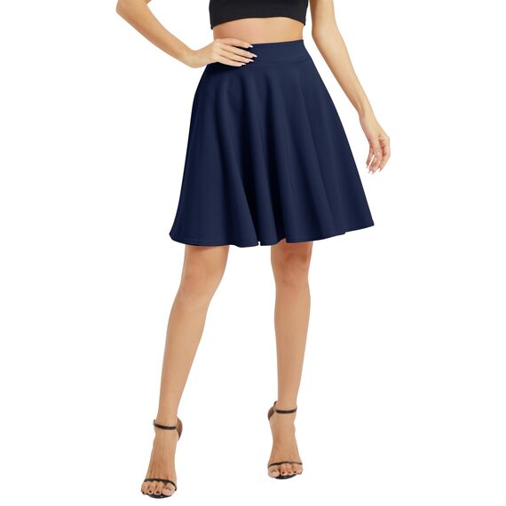 Damen Elegante Elastische Taille Ausgestellte A-Linie Midi Rock Basic Uniform Plissee Skater Röcke(S, Navy Blau)