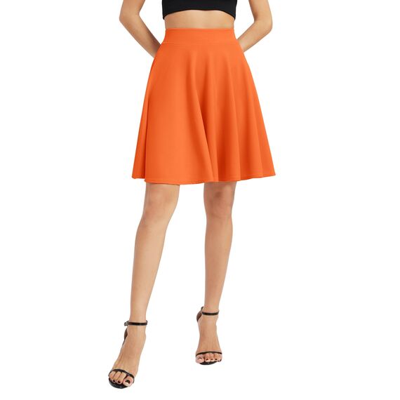 Damen Elegante Elastische Taille Ausgestellte A-Linie Midi Rock Basic Uniform Plissee Skater Röcke(L, Orange)
