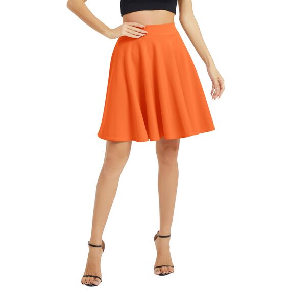 Damen Elegante Elastische Taille Ausgestellte A-Linie Midi Rock Basic Uniform Plissee Skater Röcke(M, Orange)