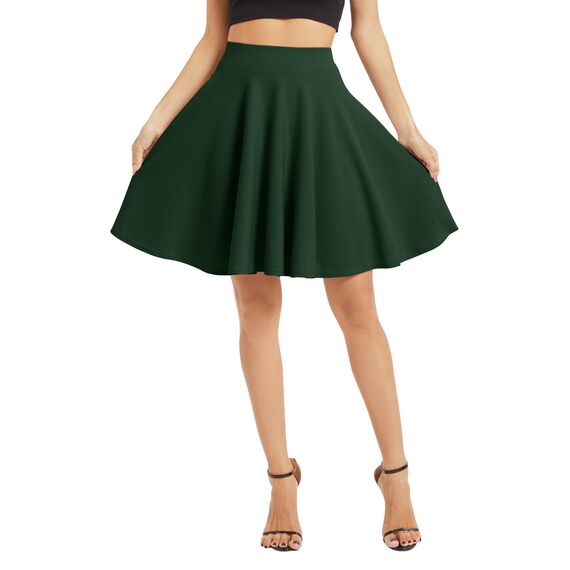 Damen Elegante Elastische Taille Ausgestellte A-Linie Midi Rock Basic Uniform Plissee Skater Röcke(L, Dunkelgrün)