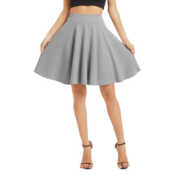 Damen Elegante Elastische Taille Ausgestellte A-Linie Midi Rock Basic Uniform Plissee Skater Röcke(L, Grau)