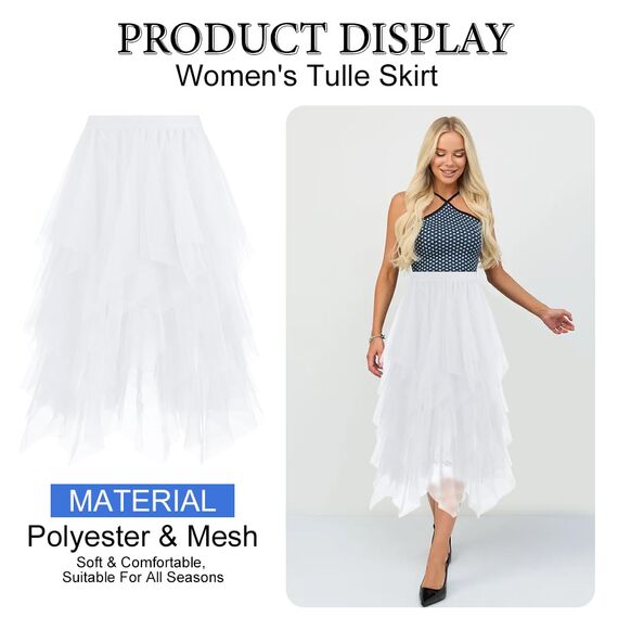 AUYAO Damen Tüllrock Klassisch Mittellanger Ballett Tutu Rock Unregelmäßige Tütü Tutu Rock Damen Mesh Nähte Tutu Röcke Elastische Tüll Rock High Waisted Rock A-Linie Midirock Lagenrock (Weiß)