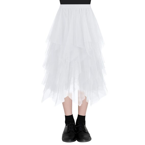 AUYAO Damen Tüllrock Klassisch Mittellanger Ballett Tutu Rock Unregelmäßige Tütü Tutu Rock Damen Mesh Nähte Tutu Röcke Elastische Tüll Rock High Waisted Rock A-Linie Midirock Lagenrock (Weiß)