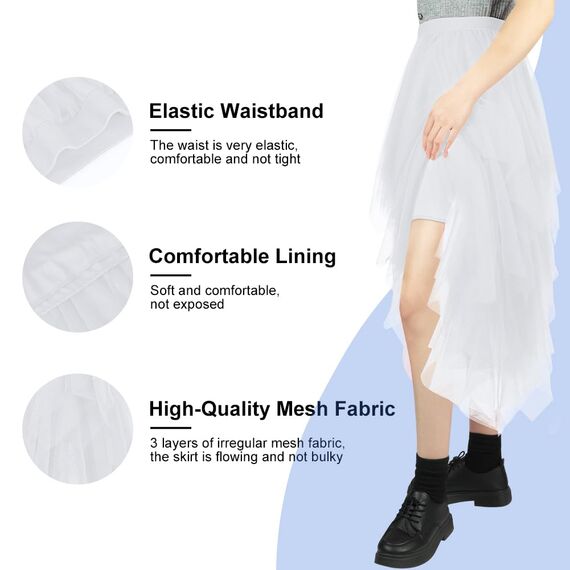 AUYAO Damen Tüllrock Klassisch Mittellanger Ballett Tutu Rock Unregelmäßige Tütü Tutu Rock Damen Mesh Nähte Tutu Röcke Elastische Tüll Rock High Waisted Rock A-Linie Midirock Lagenrock (Weiß)