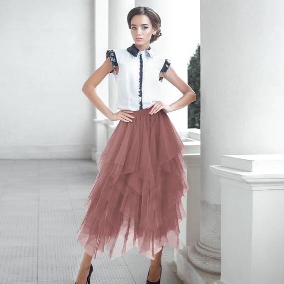 AUYAO Damen Tüllrock Klassisch Mittellanger Ballett Tutu Rock Unregelmäßige Tütü Tutu Rock Damen Mesh Nähte Tutu Röcke Elastische Tüll Rock High Waisted Rock A-Linie Midirock Lagenrock (Khaki)