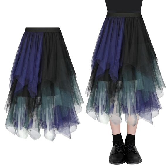 AUYAO Damen Tüllrock Klassisch Mittellanger Rock Unregelmäßige Tütü Rock Damen Mesh Nähte Tutu Röcke Elastische Tüll Rock High Waisted Rock A-Linie Midirock (Marineblau-Grün-Schwarz Kombifarbe)