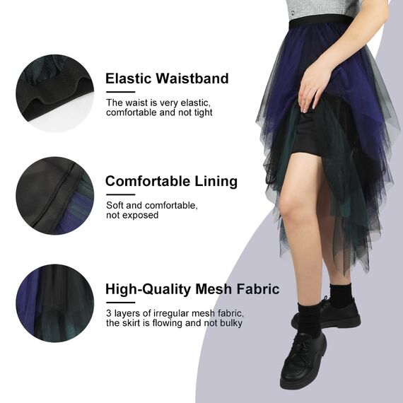 AUYAO Damen Tüllrock Klassisch Mittellanger Rock Unregelmäßige Tütü Rock Damen Mesh Nähte Tutu Röcke Elastische Tüll Rock High Waisted Rock A-Linie Midirock (Marineblau-Grün-Schwarz Kombifarbe)