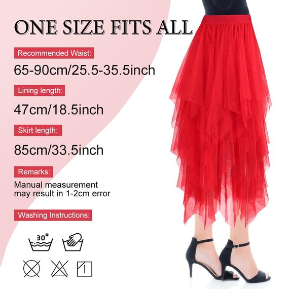 AUYAO Damen Tüllrock Klassisch Mittellanger Ballett Tutu Rock Unregelmäßige Tütü Tutu Rock Damen Mesh Nähte Tutu Röcke Elastische Tüll Rock High Waisted Rock A-Linie Midirock Lagenrock (Hellrot)