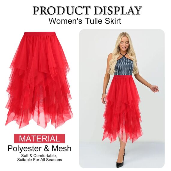 AUYAO Damen Tüllrock Klassisch Mittellanger Ballett Tutu Rock Unregelmäßige Tütü Tutu Rock Damen Mesh Nähte Tutu Röcke Elastische Tüll Rock High Waisted Rock A-Linie Midirock Lagenrock (Hellrot)