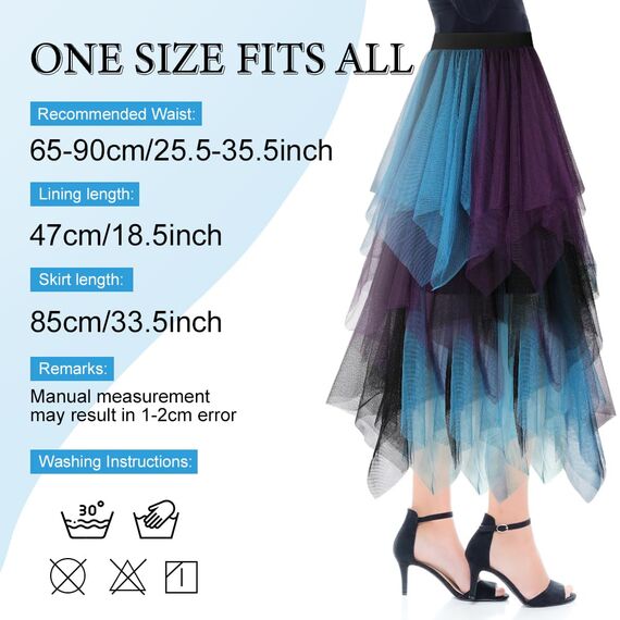 AUYAO Damen Tüllrock Klassisch Mittellanger Rock Unregelmäßige Tütü Rock Damen Mesh Nähte Tutu Röcke Elastische Tüll Rock High Waisted Rock A-Linie Midirock (Lila-Schwarz-Grün Kombifarbe)