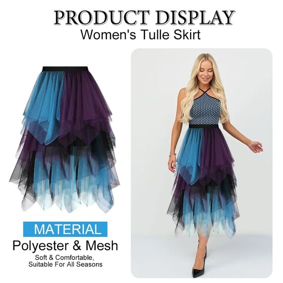 AUYAO Damen Tüllrock Klassisch Mittellanger Rock Unregelmäßige Tütü Rock Damen Mesh Nähte Tutu Röcke Elastische Tüll Rock High Waisted Rock A-Linie Midirock (Lila-Schwarz-Grün Kombifarbe)