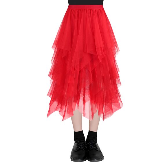 AUYAO Damen Tüllrock Klassisch Mittellanger Ballett Tutu Rock Unregelmäßige Tütü Tutu Rock Damen Mesh Nähte Tutu Röcke Elastische Tüll Rock High Waisted Rock A-Linie Midirock Lagenrock (Hellrot)