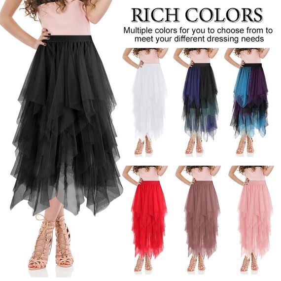 AUYAO Damen Tüllrock Klassisch Mittellanger Ballett Tutu Rock Unregelmäßige Tütü Tutu Rock Damen Mesh Nähte Tutu Röcke Elastische Tüll Rock High Waisted Rock A-Linie Midirock Lagenrock (Weiß)