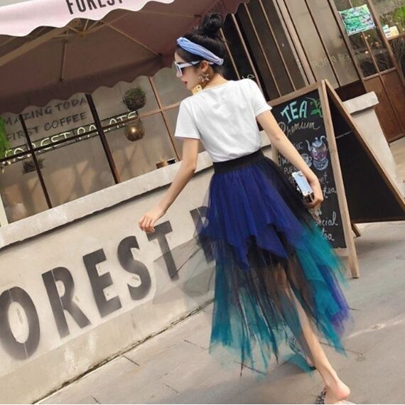 Damen Tüll Röcke High Low Layered Faltenrock Midi Rock Asymmetrisch Karnevalsrock Elegant Weich Knielang Puffy Fee Röcke