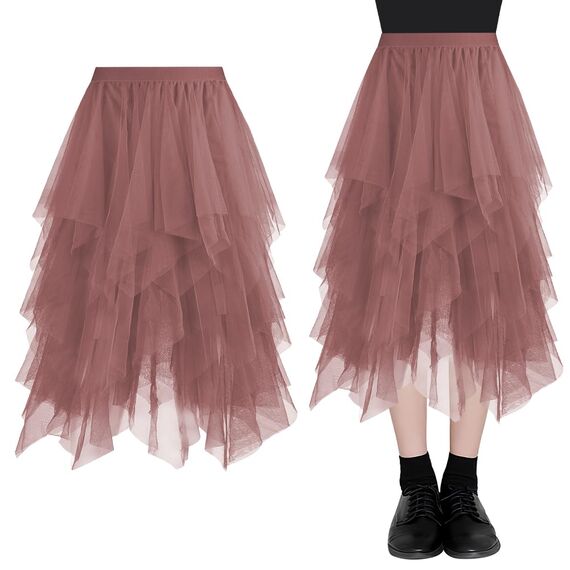 AUYAO Damen Tüllrock Klassisch Mittellanger Ballett Tutu Rock Unregelmäßige Tütü Tutu Rock Damen Mesh Nähte Tutu Röcke Elastische Tüll Rock High Waisted Rock A-Linie Midirock Lagenrock (Khaki)