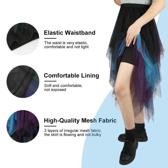 AUYAO Damen Tüllrock Klassisch Mittellanger Rock Unregelmäßige Tütü Rock Damen Mesh Nähte Tutu Röcke Elastische Tüll Rock High Waisted Rock A-Linie Midirock (Lila-Schwarz-Grün Kombifarbe)