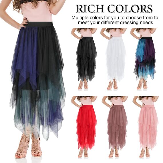 AUYAO Damen Tüllrock Klassisch Mittellanger Rock Unregelmäßige Tütü Rock Damen Mesh Nähte Tutu Röcke Elastische Tüll Rock High Waisted Rock A-Linie Midirock (Marineblau-Grün-Schwarz Kombifarbe)