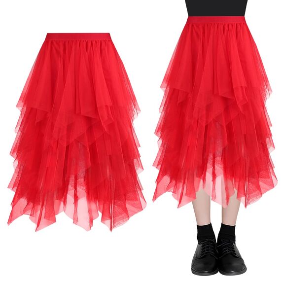 AUYAO Damen Tüllrock Klassisch Mittellanger Ballett Tutu Rock Unregelmäßige Tütü Tutu Rock Damen Mesh Nähte Tutu Röcke Elastische Tüll Rock High Waisted Rock A-Linie Midirock Lagenrock (Hellrot)