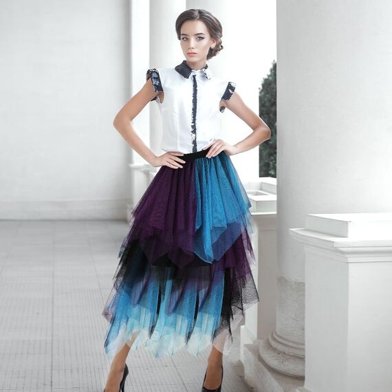 AUYAO Damen Tüllrock Klassisch Mittellanger Rock Unregelmäßige Tütü Rock Damen Mesh Nähte Tutu Röcke Elastische Tüll Rock High Waisted Rock A-Linie Midirock (Lila-Schwarz-Grün Kombifarbe)