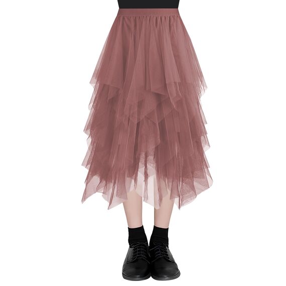 AUYAO Damen Tüllrock Klassisch Mittellanger Ballett Tutu Rock Unregelmäßige Tütü Tutu Rock Damen Mesh Nähte Tutu Röcke Elastische Tüll Rock High Waisted Rock A-Linie Midirock Lagenrock (Khaki)
