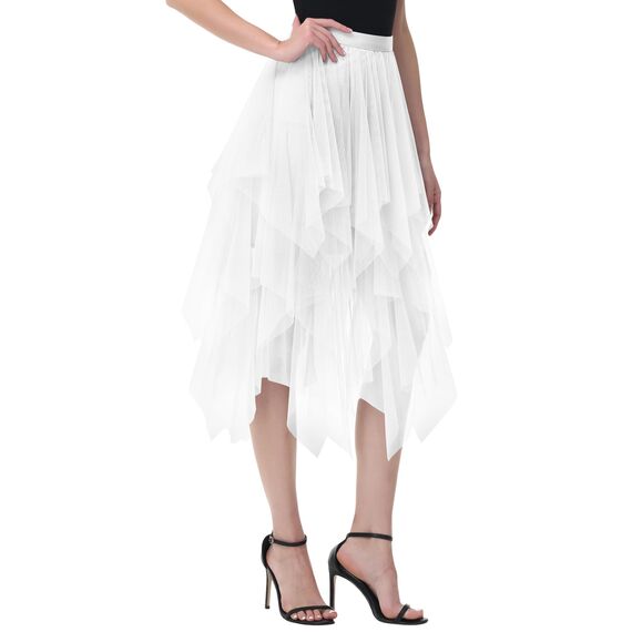 Damen Tüll Röcke High Low Layered Faltenrock Midi Rock Asymmetrisch Karnevalsrock Elegant Weich Knielang Puffy Fee Röcke