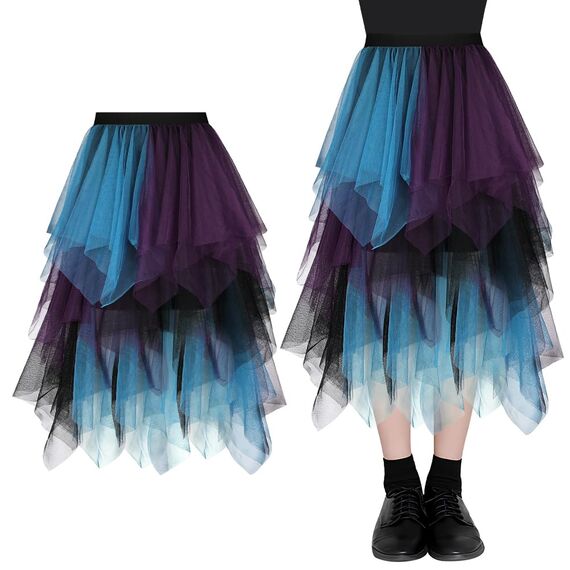 AUYAO Damen Tüllrock Klassisch Mittellanger Rock Unregelmäßige Tütü Rock Damen Mesh Nähte Tutu Röcke Elastische Tüll Rock High Waisted Rock A-Linie Midirock (Lila-Schwarz-Grün Kombifarbe)