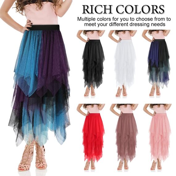 AUYAO Damen Tüllrock Klassisch Mittellanger Rock Unregelmäßige Tütü Rock Damen Mesh Nähte Tutu Röcke Elastische Tüll Rock High Waisted Rock A-Linie Midirock (Lila-Schwarz-Grün Kombifarbe)