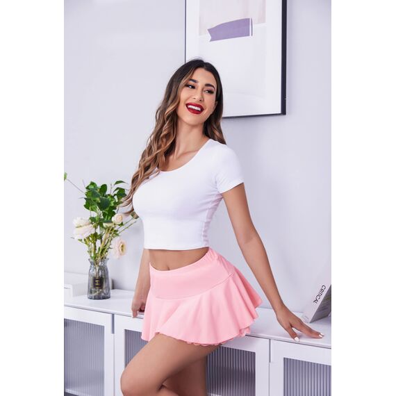 Avidlove Damen Mini Röcke Sommer Solide Faltenrock Spitze Ruffle Plisseerock Kurz Sexy Minirock Basic Gefaltet Rock Elastisch Skater Skirt Rosa XL