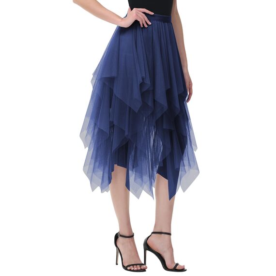 Damen Tüll Röcke High Low Layered Faltenrock Midi Rock Asymmetrisch Karnevalsrock Elegant Weich Knielang Puffy Fee Röcke