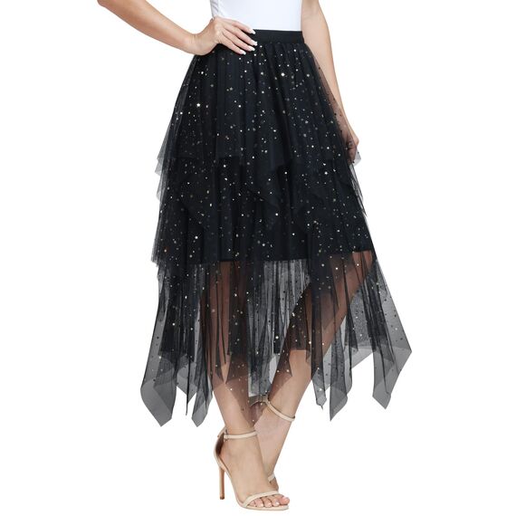 Damen Tüll Röcke High Low Layered Faltenrock Midi Rock Asymmetrisch Karnevalsrock Elegant Weich Knielang Puffy Fee Röcke