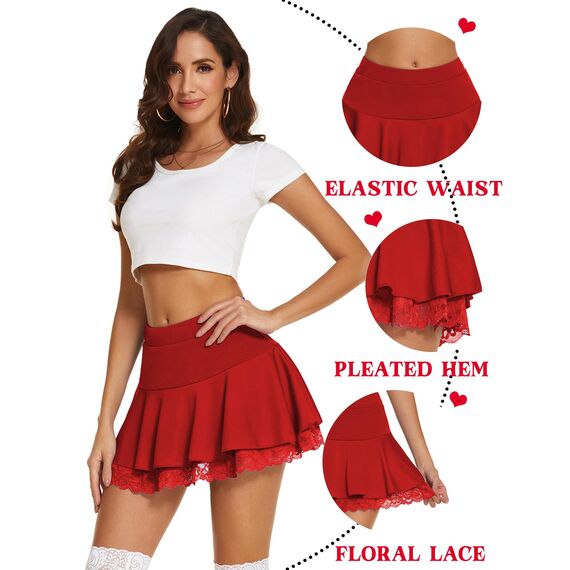 Avidlove Damen Mini Röcke Sommer Solide Faltenrock Spitze Ruffle Plisseerock Kurz Sexy Minirock Basic Gefaltet Rock Elastisch Skater Skirt Rot M