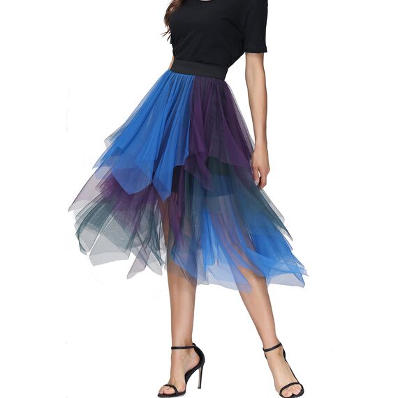 Damen Tüll Röcke High Low Layered Faltenrock Midi Rock Asymmetrisch Karnevalsrock Elegant Weich Knielang Puffy Fee Röcke