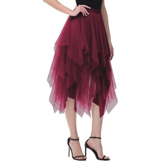 Damen Tüll Röcke High Low Layered Faltenrock Midi Rock Asymmetrisch Karnevalsrock Elegant Weich Knielang Puffy Fee Röcke