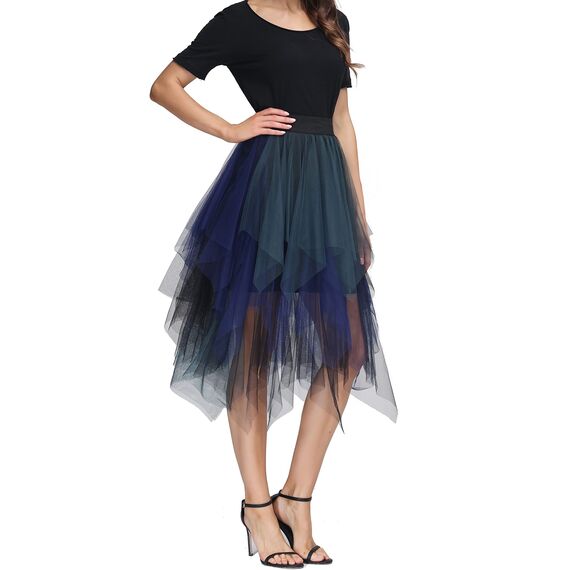 Damen Tüll Röcke High Low Layered Faltenrock Midi Rock Asymmetrisch Karnevalsrock Elegant Weich Knielang Puffy Fee Röcke