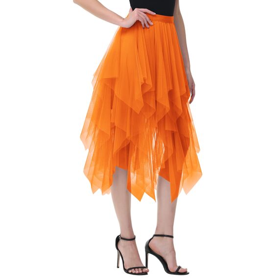 Damen Tüll Röcke High Low Layered Faltenrock Midi Rock Asymmetrisch Karnevalsrock Elegant Weich Knielang Puffy Fee Röcke