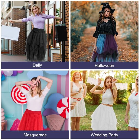 AUYAO Damen Tüllrock Klassisch Mittellanger Rock Unregelmäßige Tütü Rock Damen Mesh Nähte Tutu Röcke Elastische Tüll Rock High Waisted Rock A-Linie Midirock (Marineblau-Grün-Schwarz Kombifarbe)